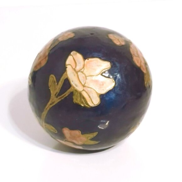Vintage Enamel Cloisonne Over Brass Ball Sphere Blue Pink Floral Large - Picture 3 of 5